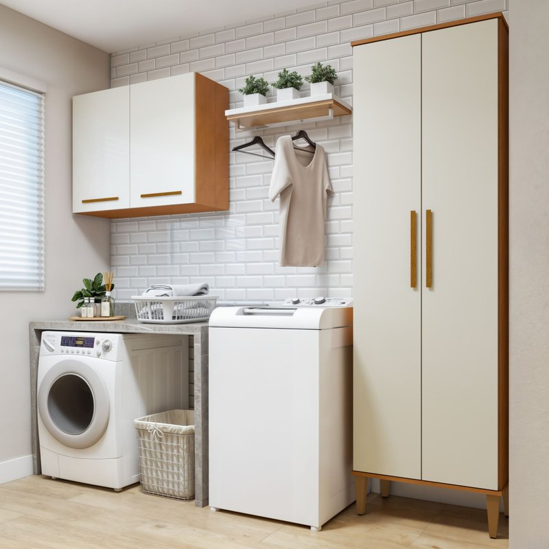 Lavanderia Modulada 1 Armário Multiuso e Armário Aéreo São Gonçalo Kaiki na cor Nature/Off White